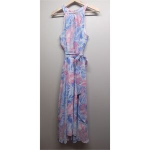 Nicole Miller Maxi Dress Size 10 Blue Pink Floral Halter Lined Party Feminine
